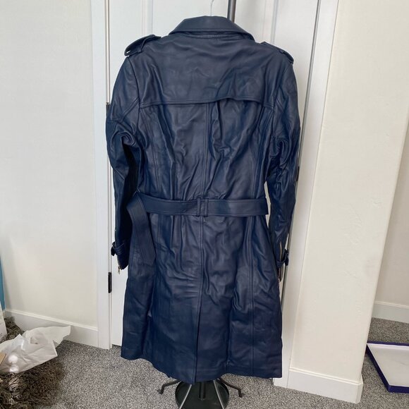 Santinni Navy Leather Trench Coat (Size Medium) - Picture 2 of 8